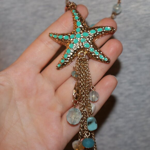 🌊 Gold & Turquoise Starfish Necklace · 34" - Picture 2 of 4